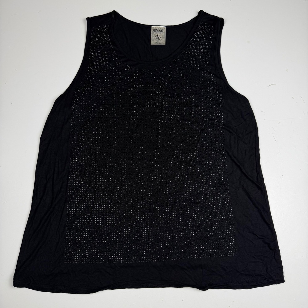 Vocal Womens Black Rhinestone Embellished Shiny Soft Loose Fit Tank Top 2XL